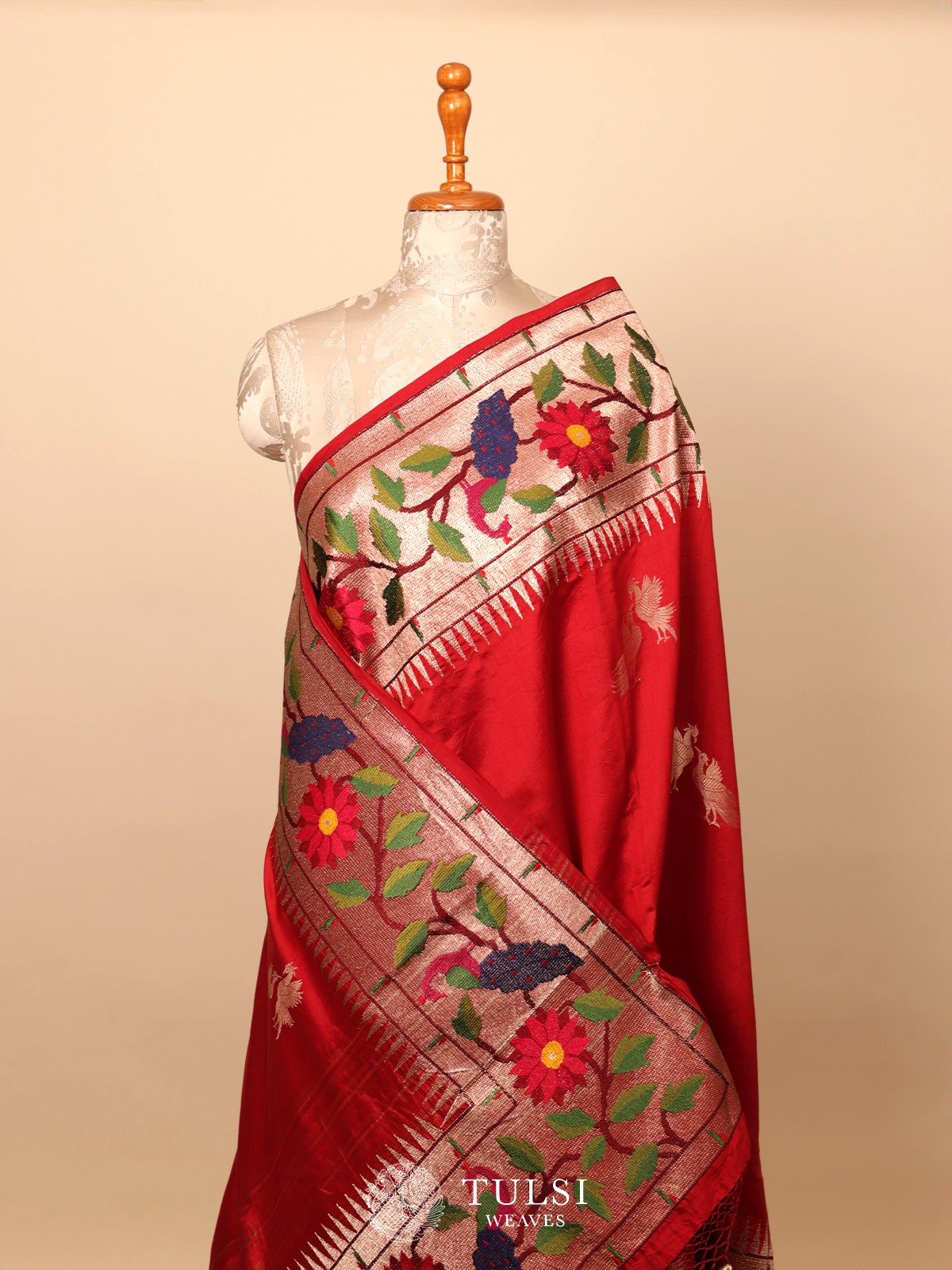 Red Chaniya Silk Saree with Paithani Border