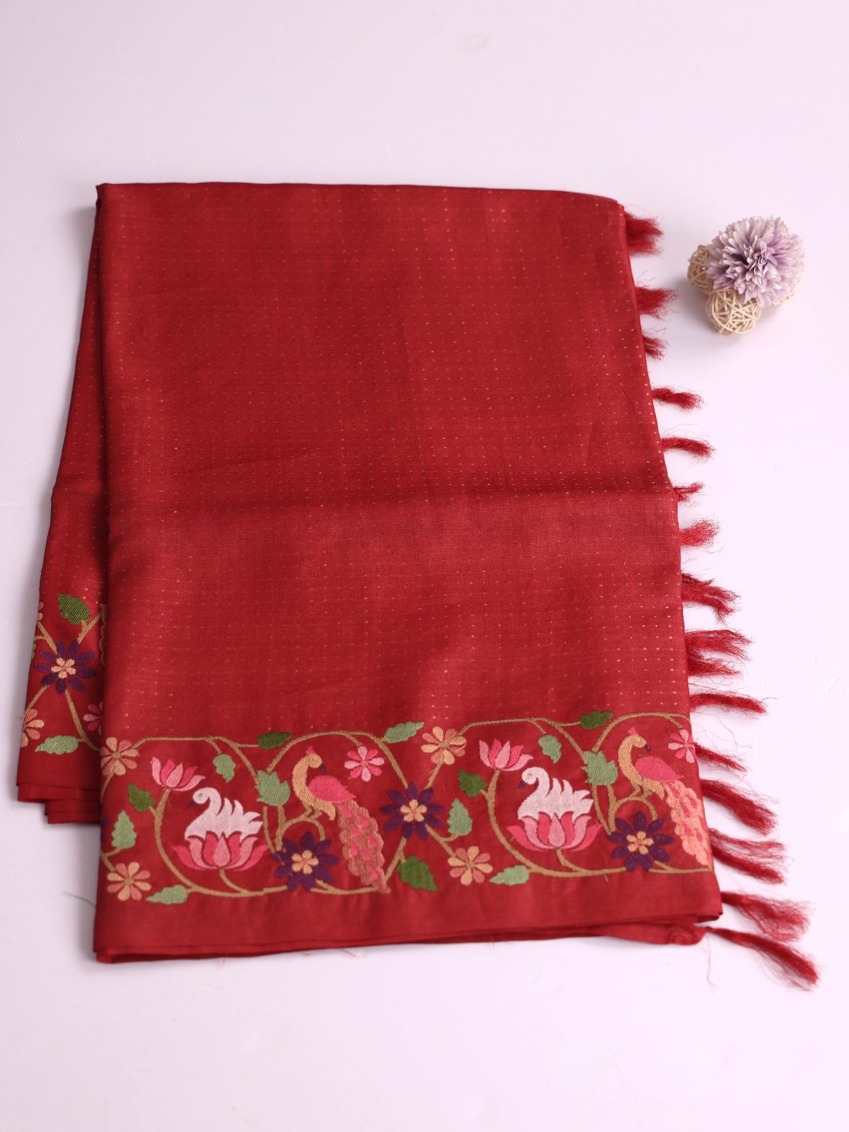 Crimson Red Tussar Silk Saree With Embroidered Border