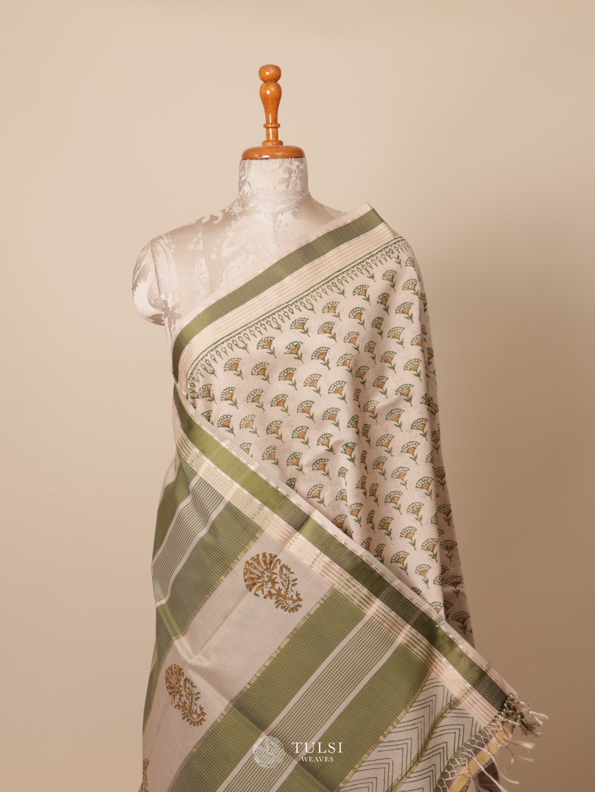 Beige Handblock Printed Maheshwari Cotton Saree