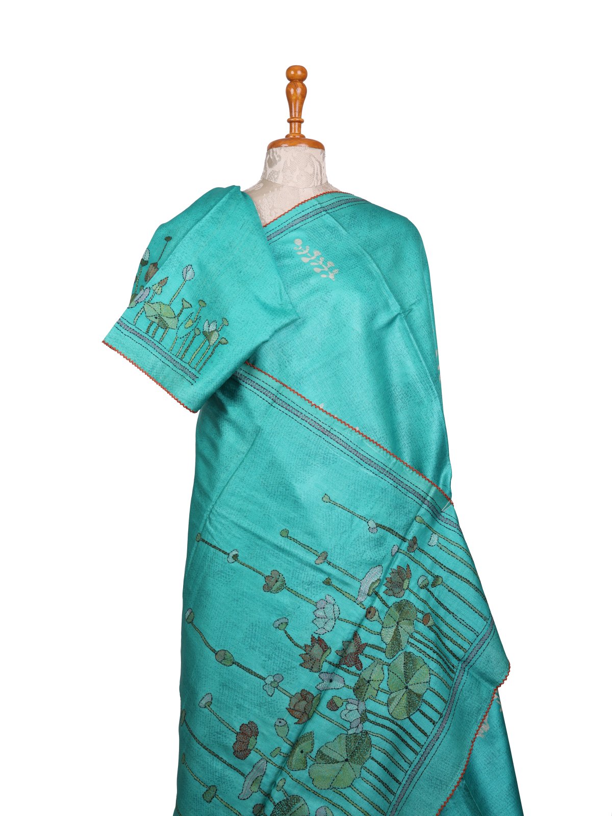 Aqua Blue Printed Tussar Silk Saree With Kantha Embroidery