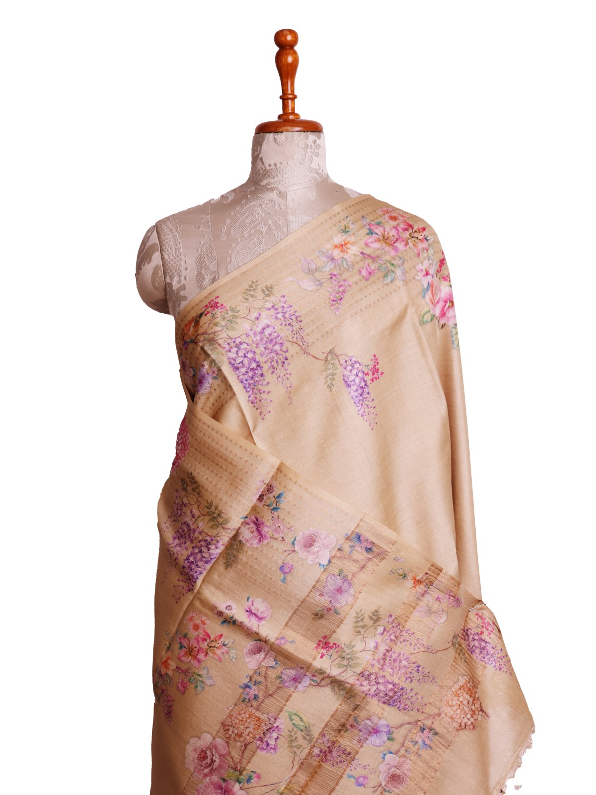 Beige Printed Tussar Silk Saree
