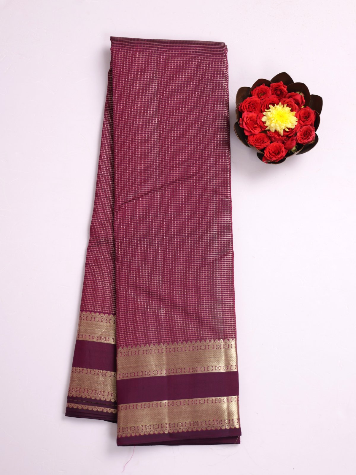 Wine Zari Checked Kanjeevaram Silk Saree With Zari Border