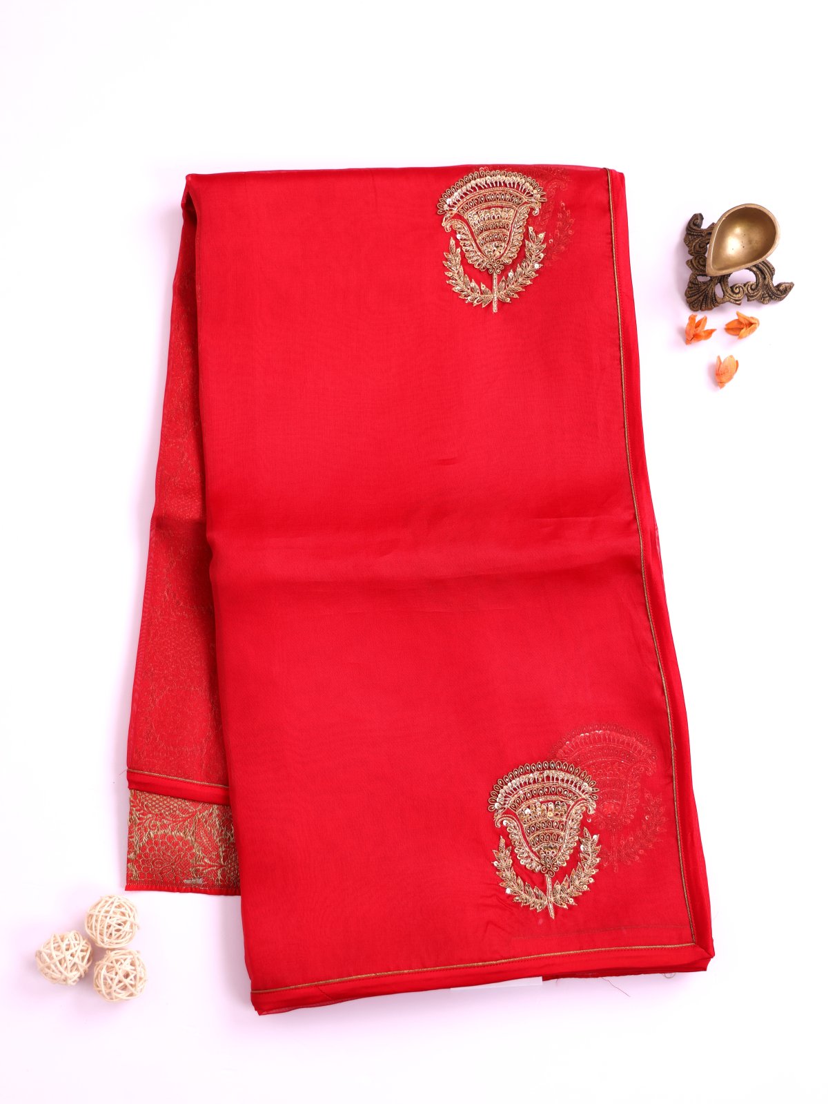 Red Embroidered Organza Silk Saree