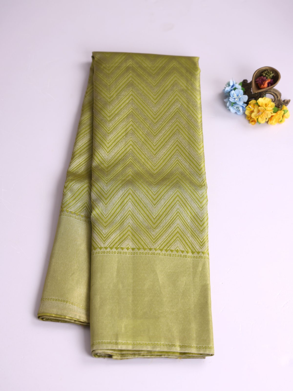 Light Mehndi Green Tissue Brocade Kanjeevaram Silk Saree