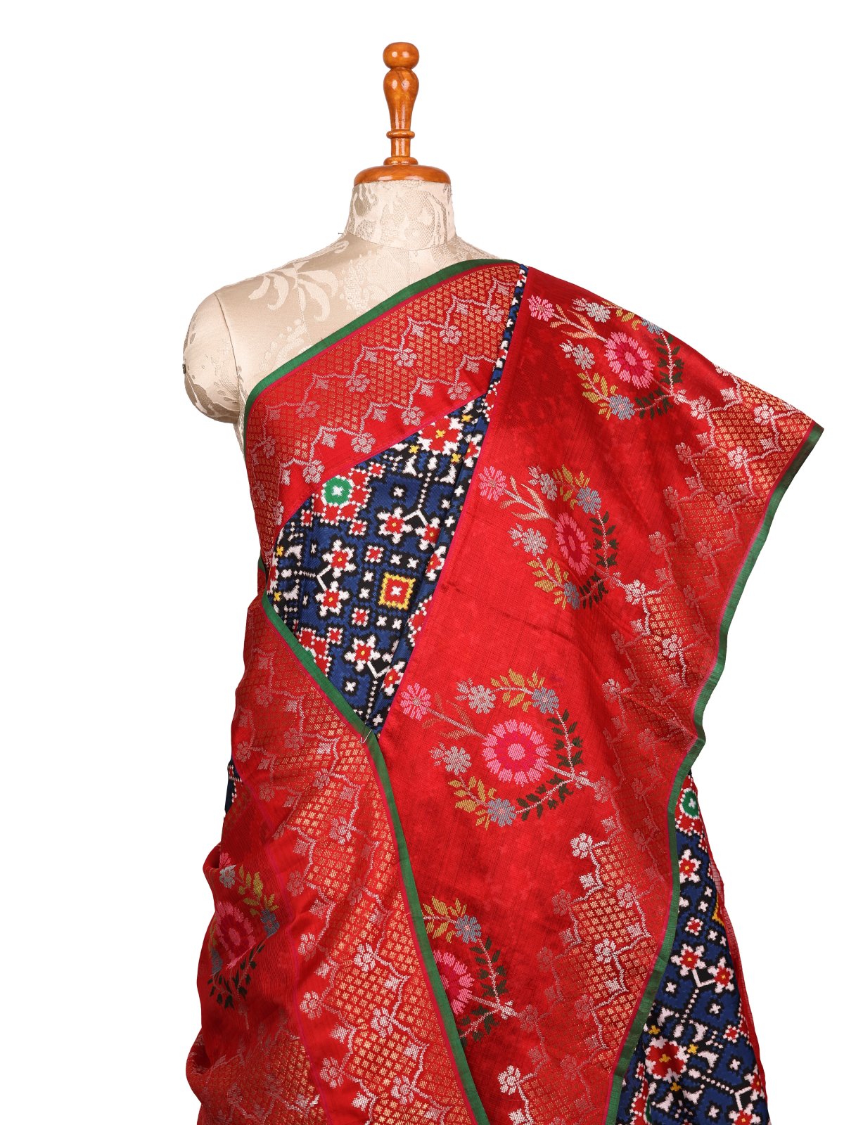 German Blue Patan Patola Silk Saree With Red Zari Kota Border