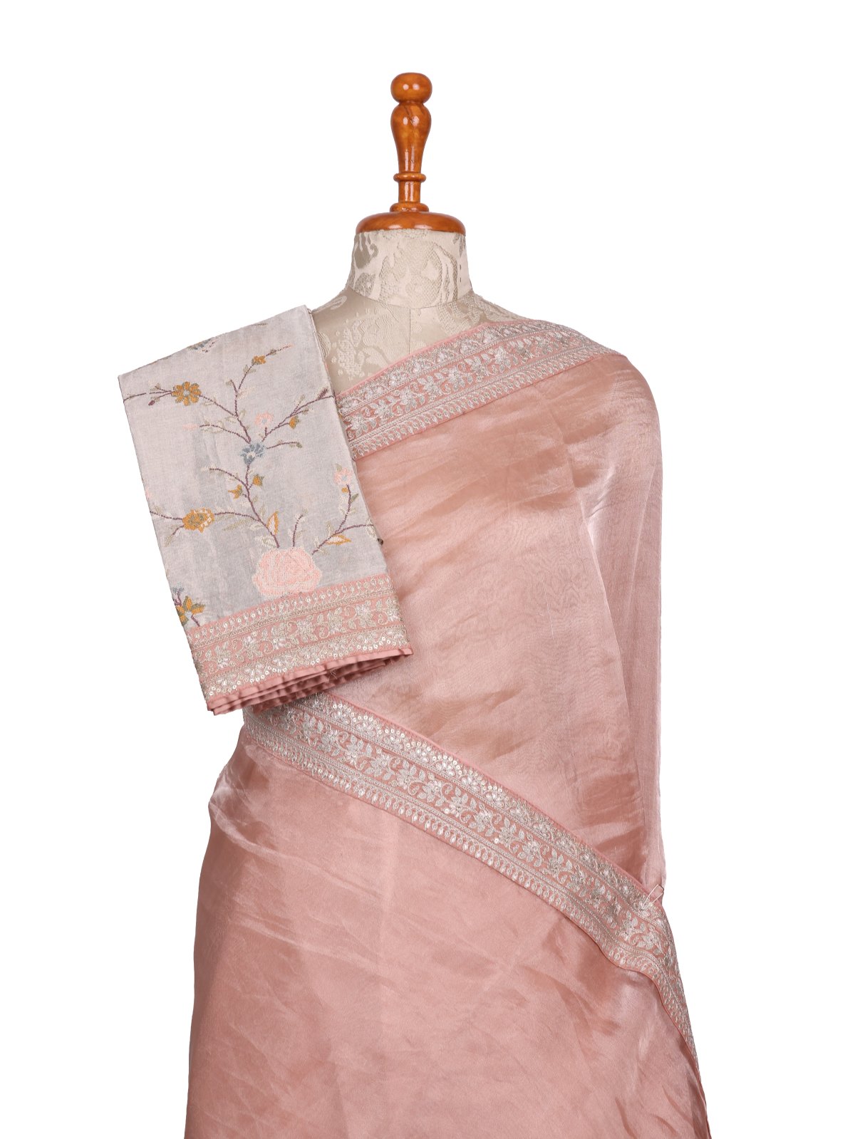 Light Peach Tissue Organza Silk Saree with Embroidered Blouse