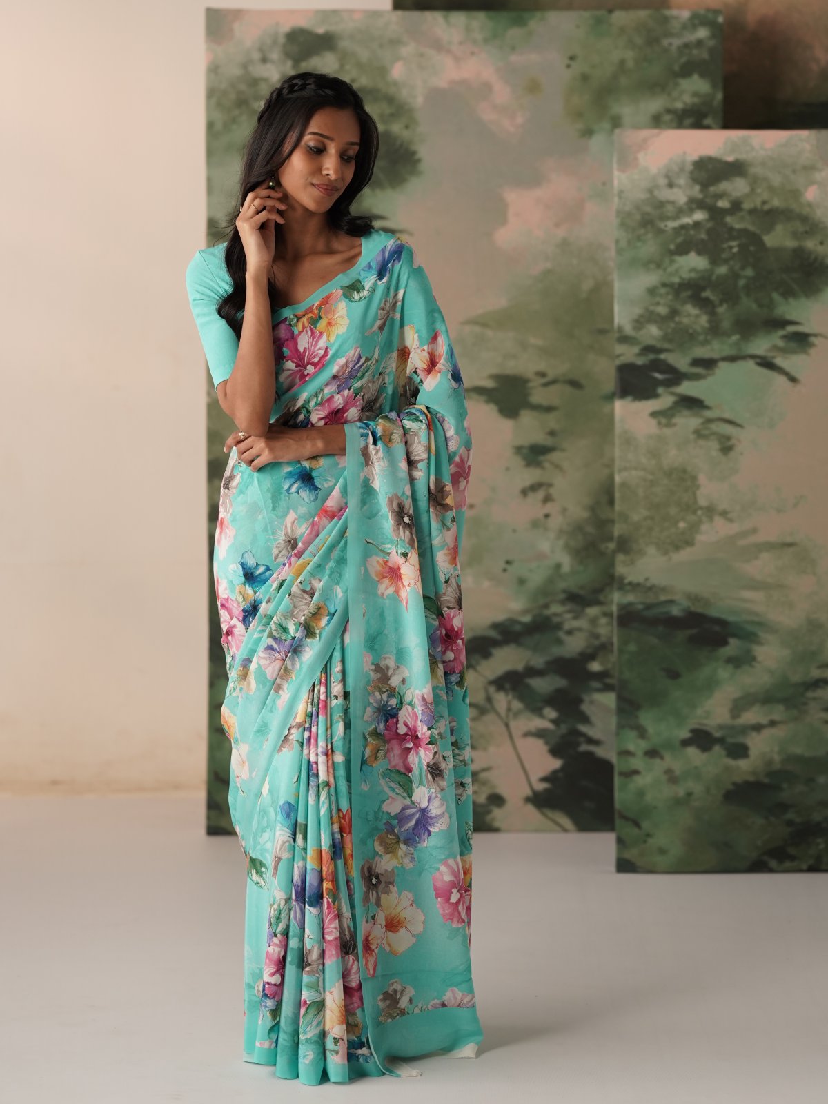 Aqua Blue Printed Crepe Silk Saree