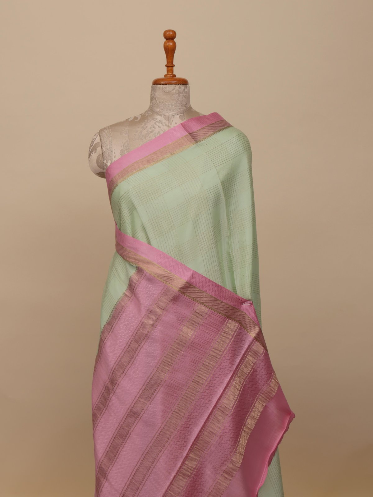 Pastel Green Mysore Silk Saree With Pink Border
