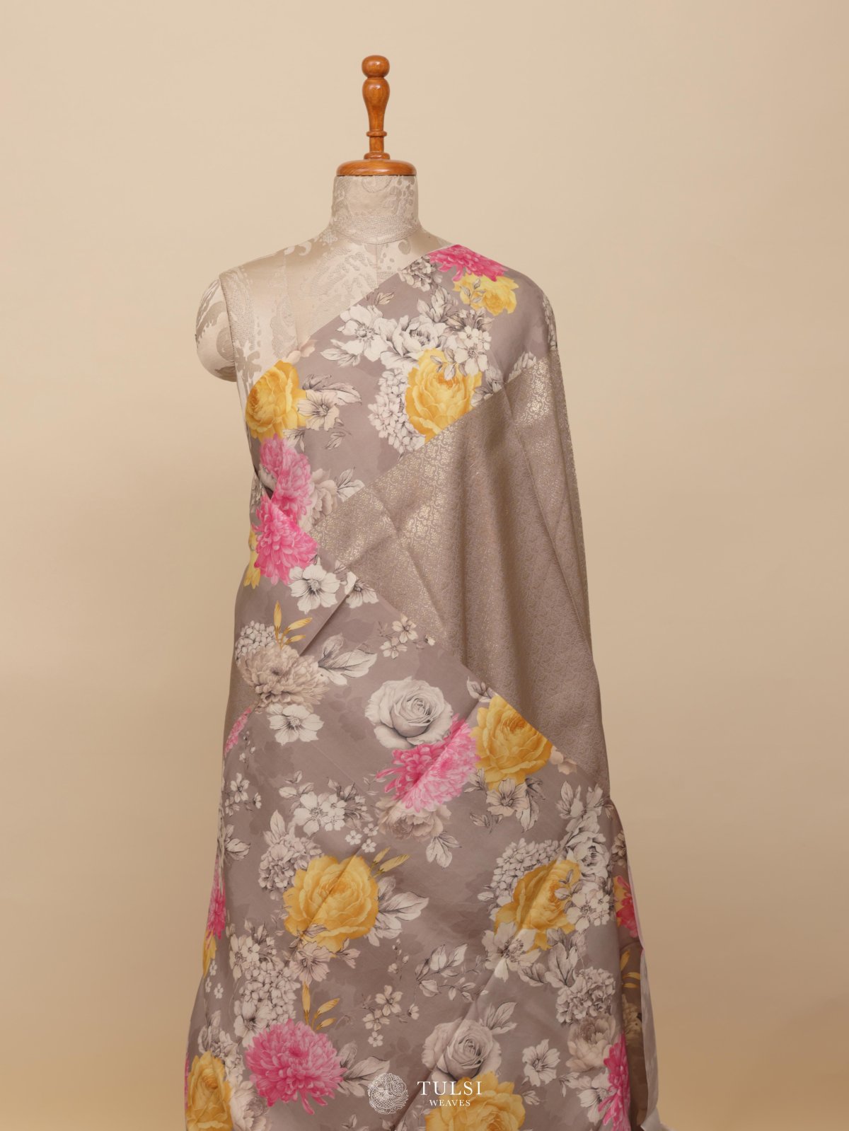 Grey Printed Kanjeevaram Silk Saree