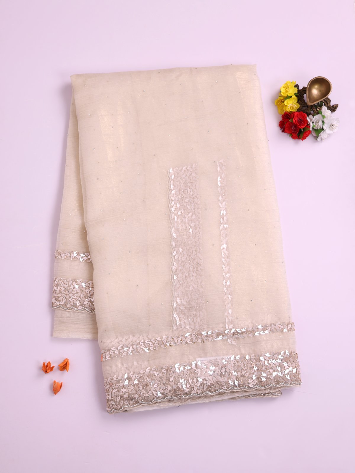 Off-White Crushed Georgette Silk Saree With Sequins Border