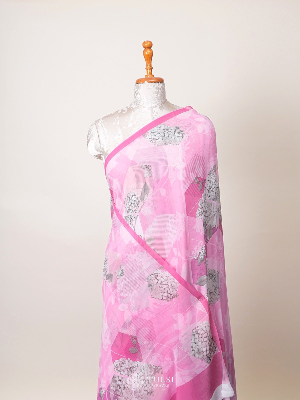 Pink Floral Printed Georgette Silk Saree