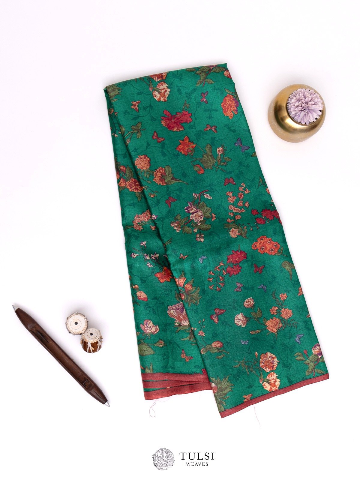 Dark Green Printed Tussar Silk Saree