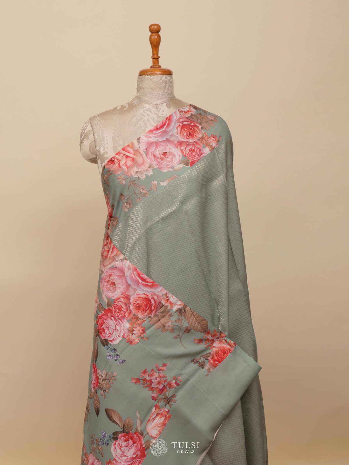 Dark Sea Green Printed Kanjeevaram Silk Saree