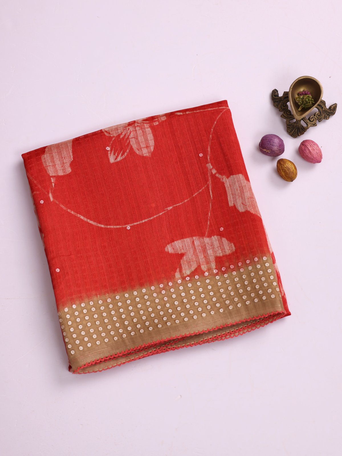 Red Printed Organza Silk Saree With Sequins Border