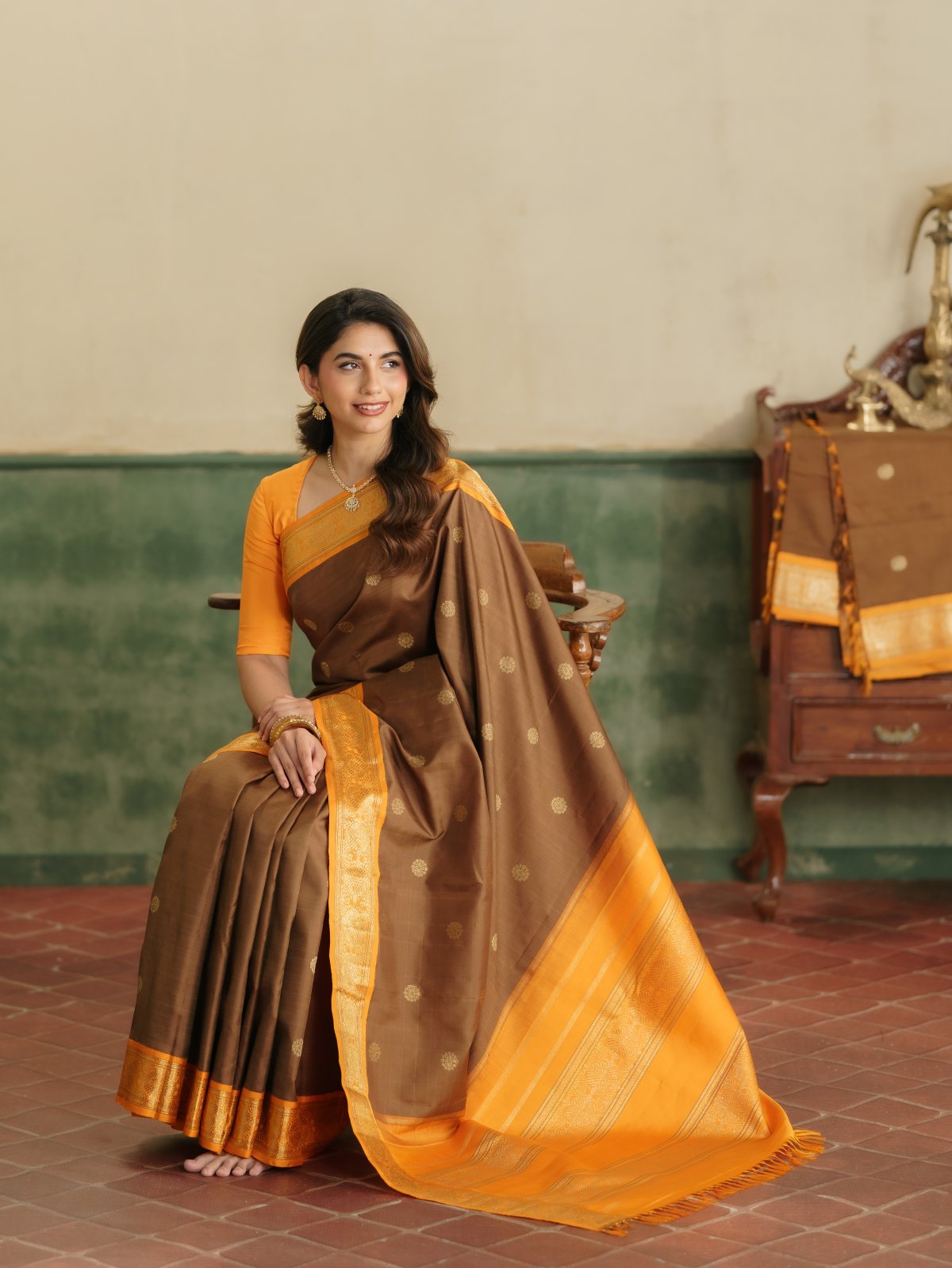 Vintage 116 - Brown Kanjeevaram Silk Saree With Mambalam Yellow Border