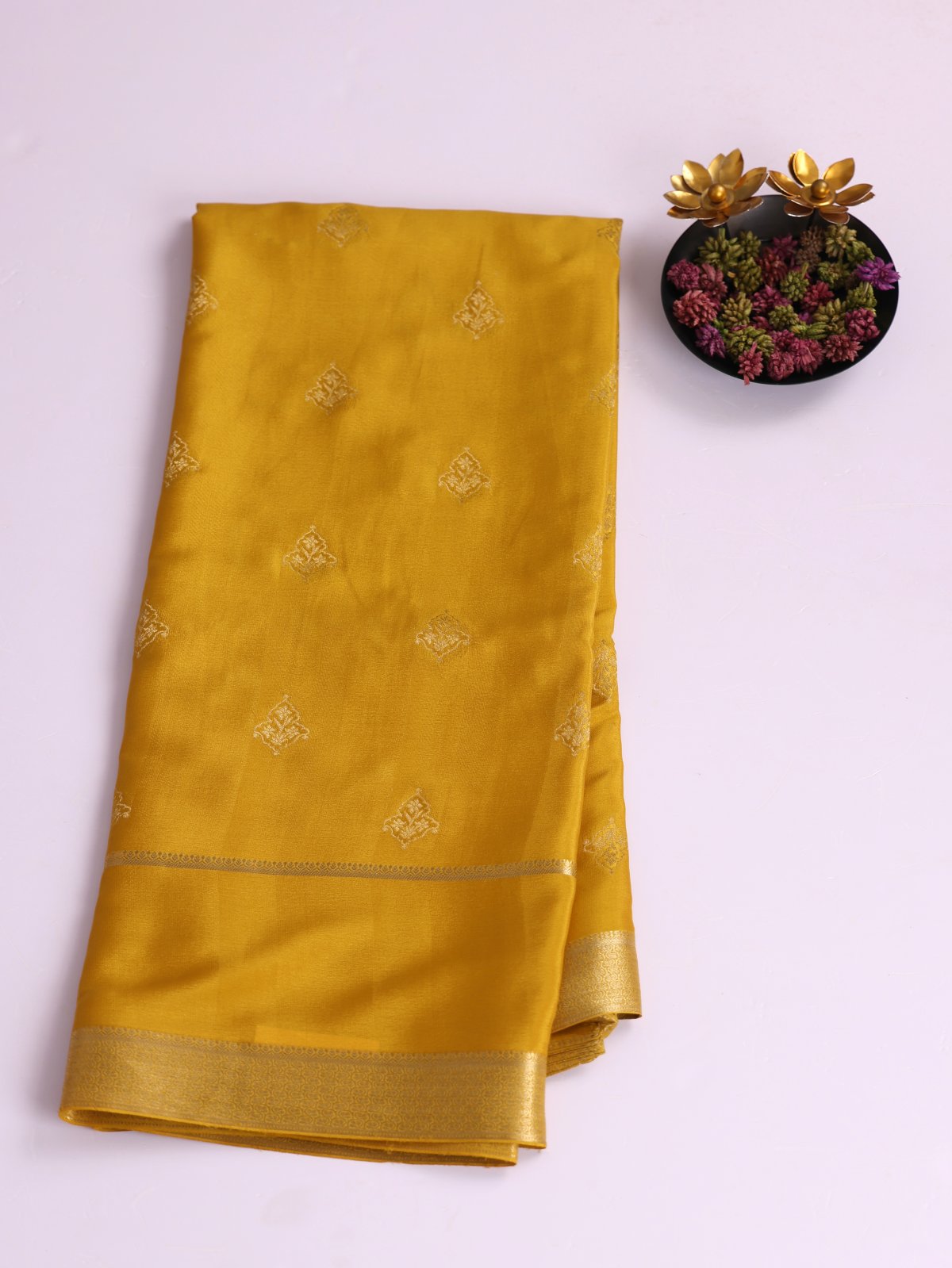 Mustard Yellow Mysore Silk Saree With Zari Border
