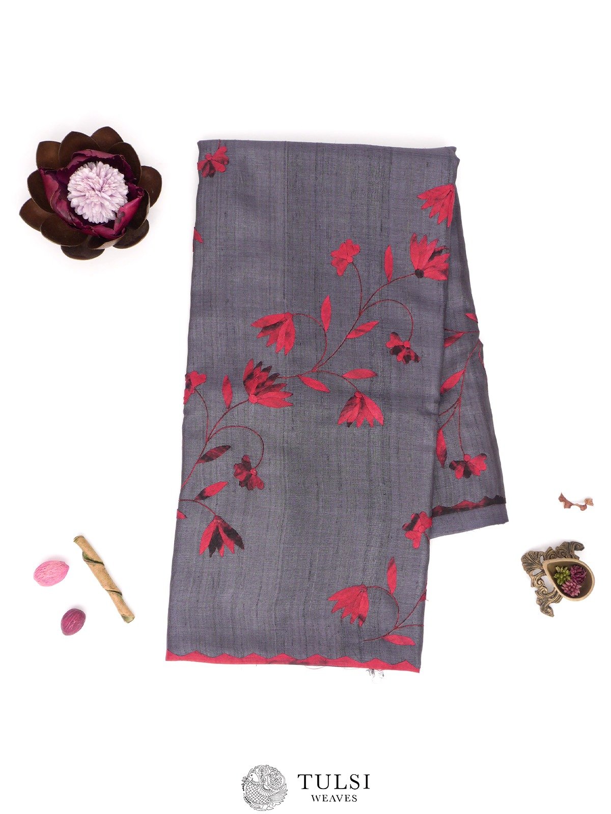 Dark Grey Tussar Silk Saree with Applique Work