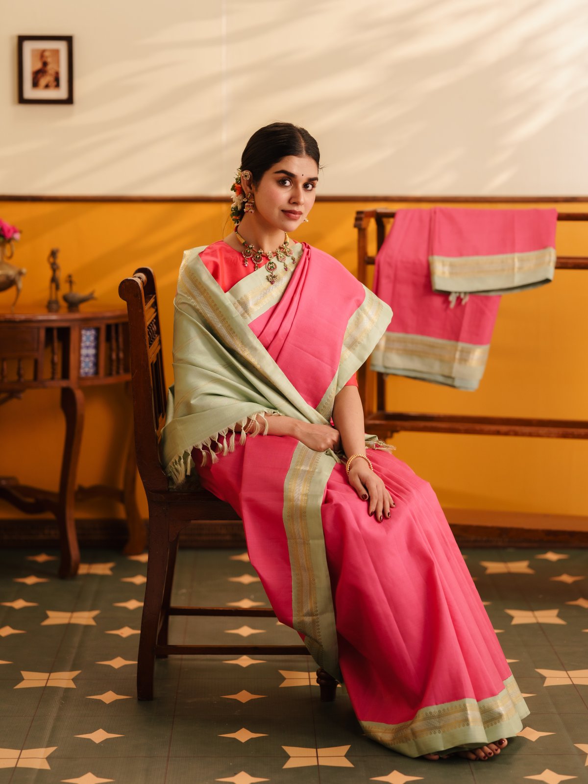 Pink Kanjeevaram Silk Saree With Light Green Border