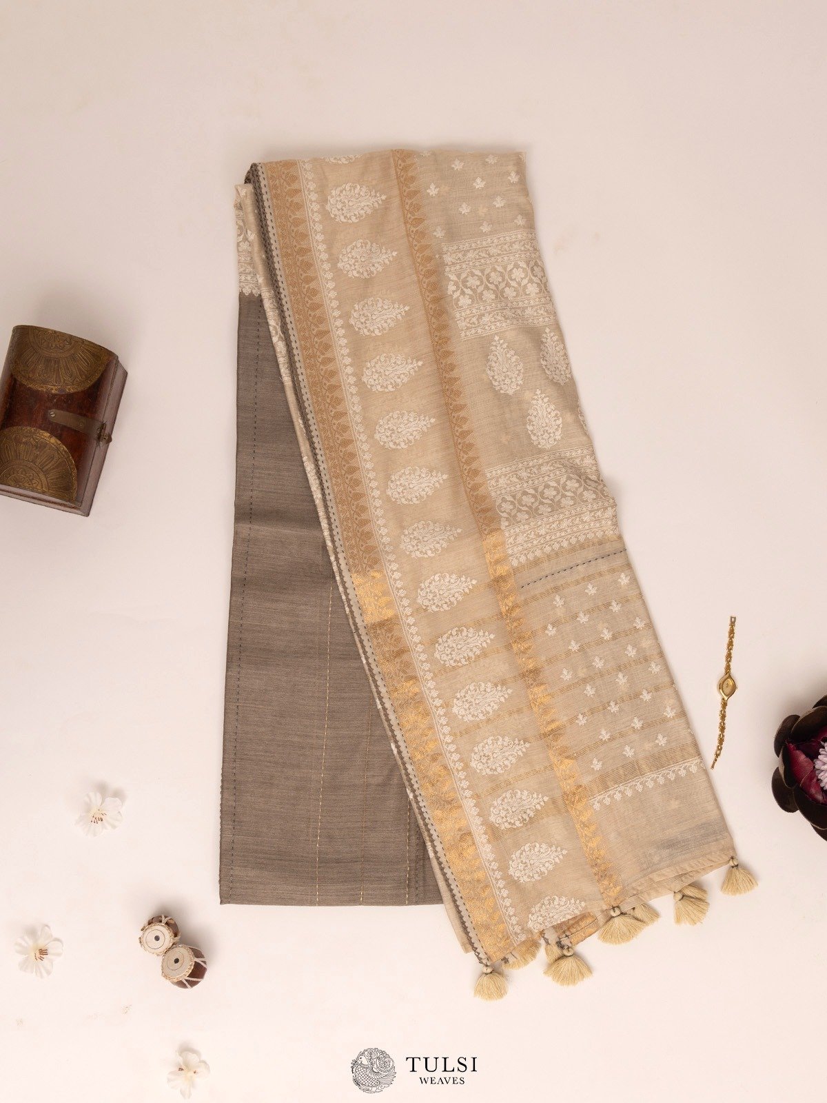 Brownish Grey Moonga Tussar Silk Saree