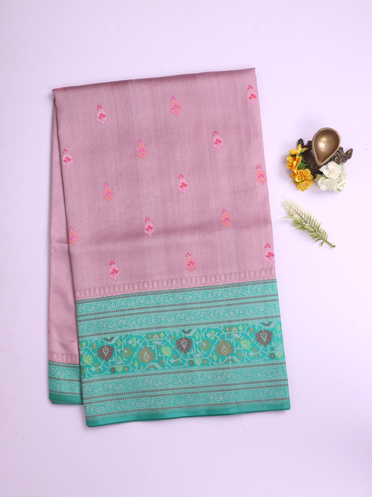 Dusty Lilac Banaras Silk Saree with Light Teal Jamdani border