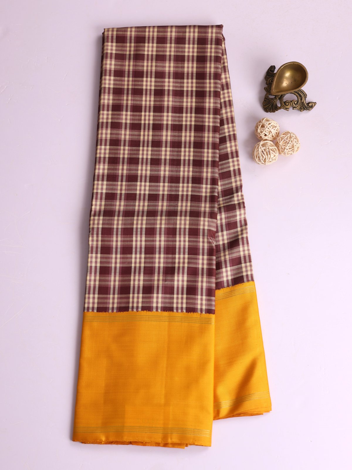 Tri Color Checked Kanjeevaram Silk Saree With Mustard Yellow Bodi Border