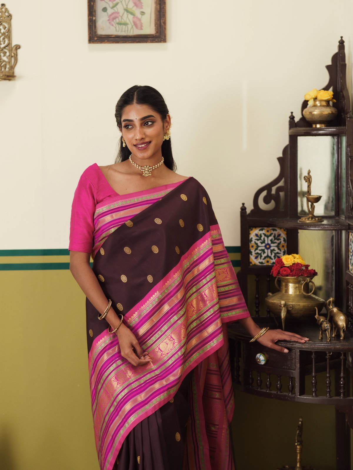 Vintage 59 - Dark Brown Kanjeevaram Silk With Rani Pink Border
