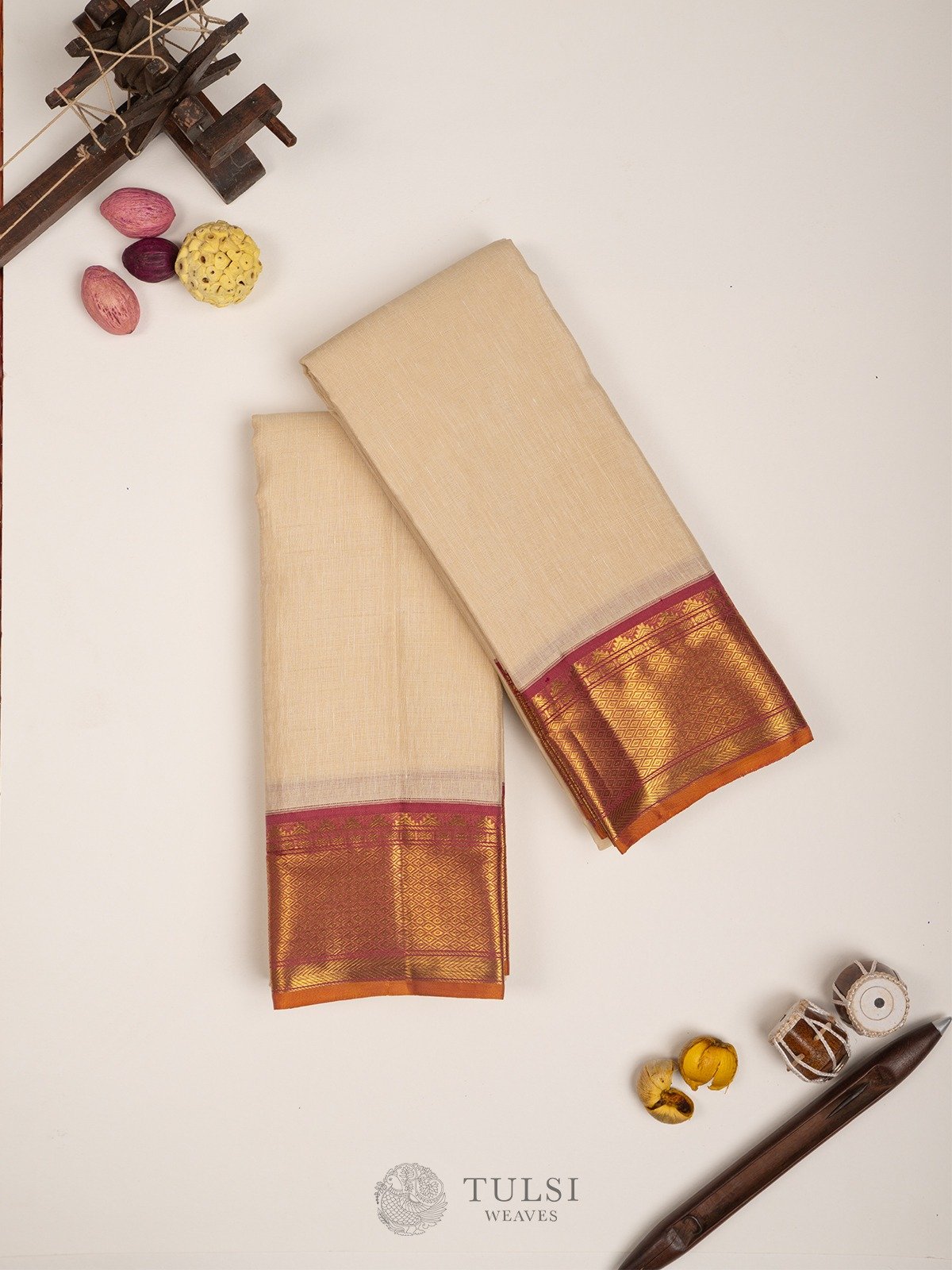 Off-White Linen Dhoti With Red Border
