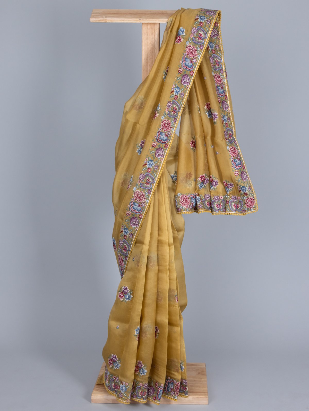 Dark Yellow Green Organza Saree With Embroidered Border