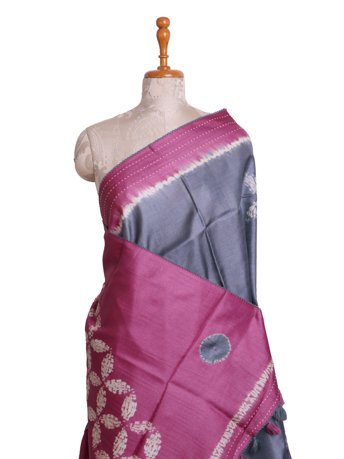 Purplish Grey Printed Tussar Silk Saree