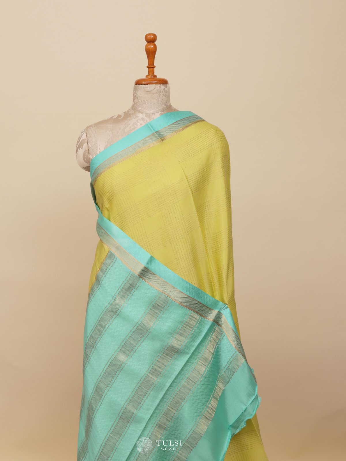 Light Green Mysore Silk Saree With Blue Border
