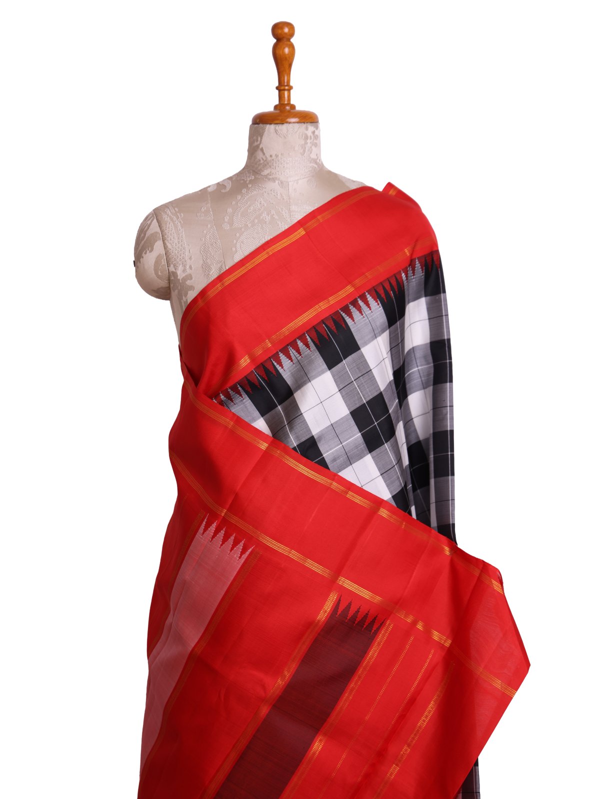 Black and White Checked Kanjeevaram Silk Saree with Red Border