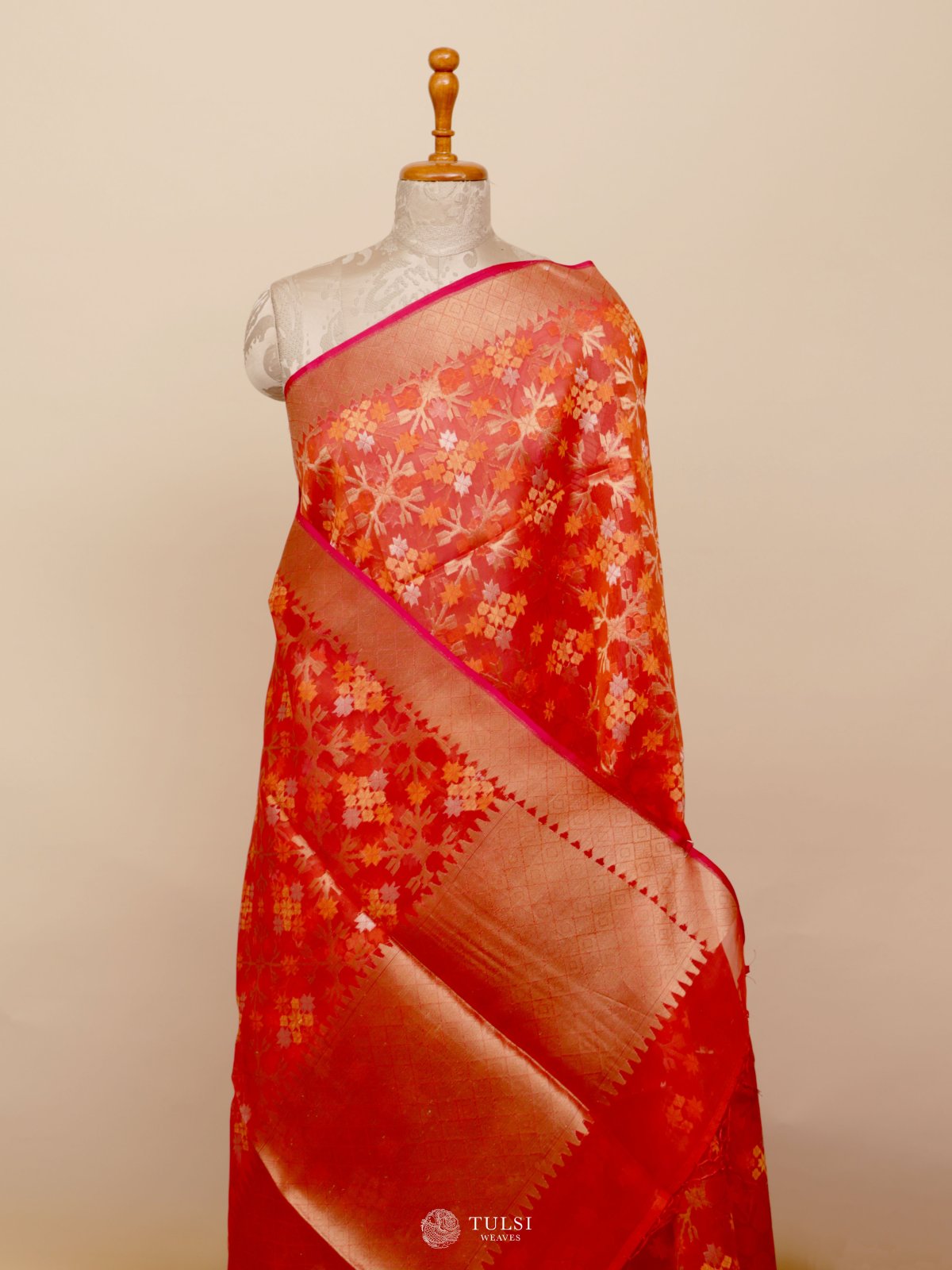 Pinkish Orange Kora Silk Saree