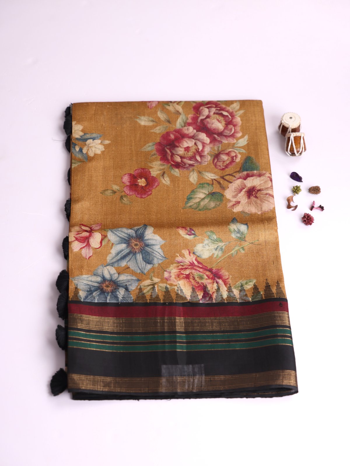 Light Golden Brown Printed Tussar Silk Saree With Black Border