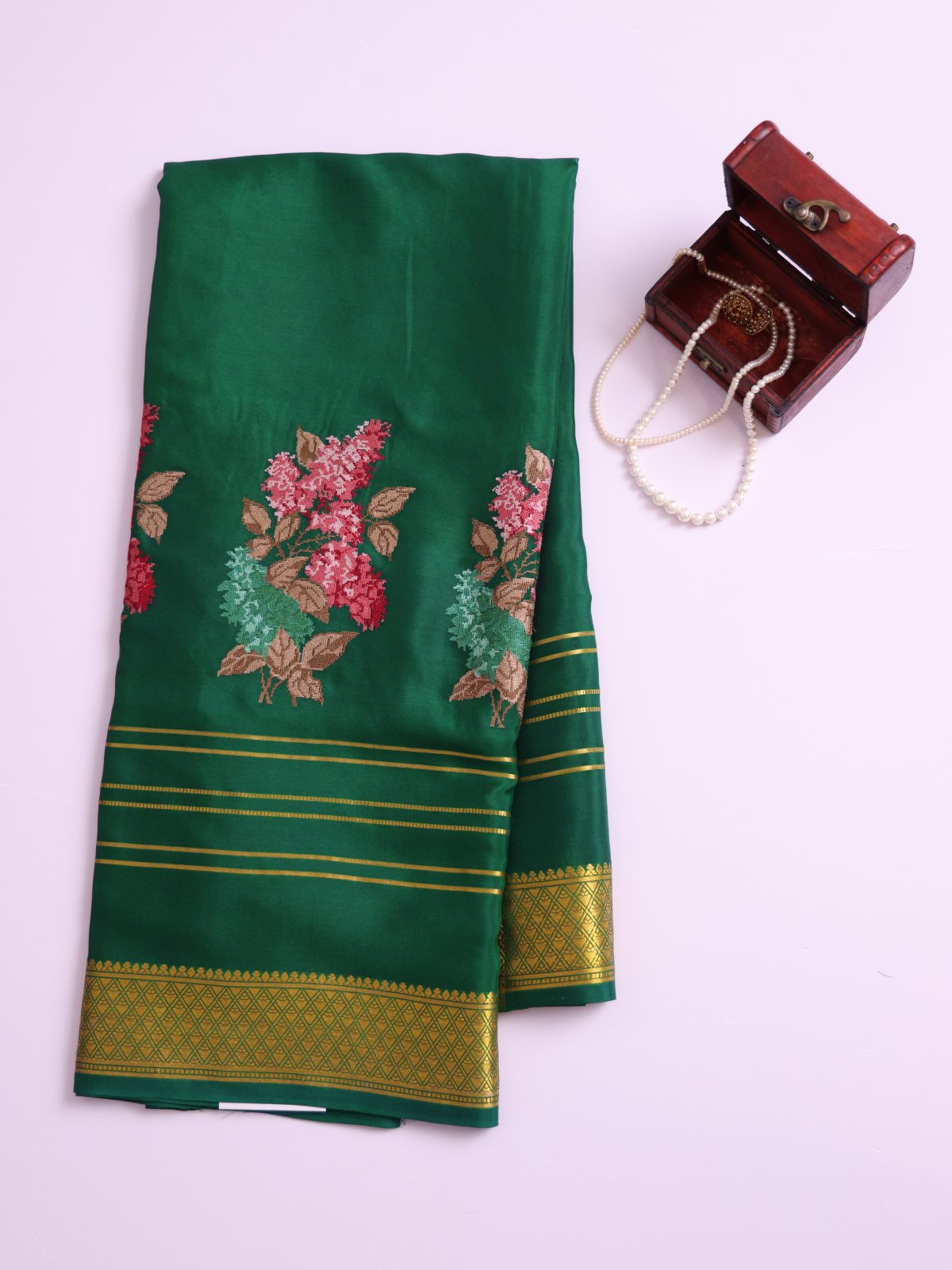 Emerald Green Embroidered Mysore Crepe Silk Saree