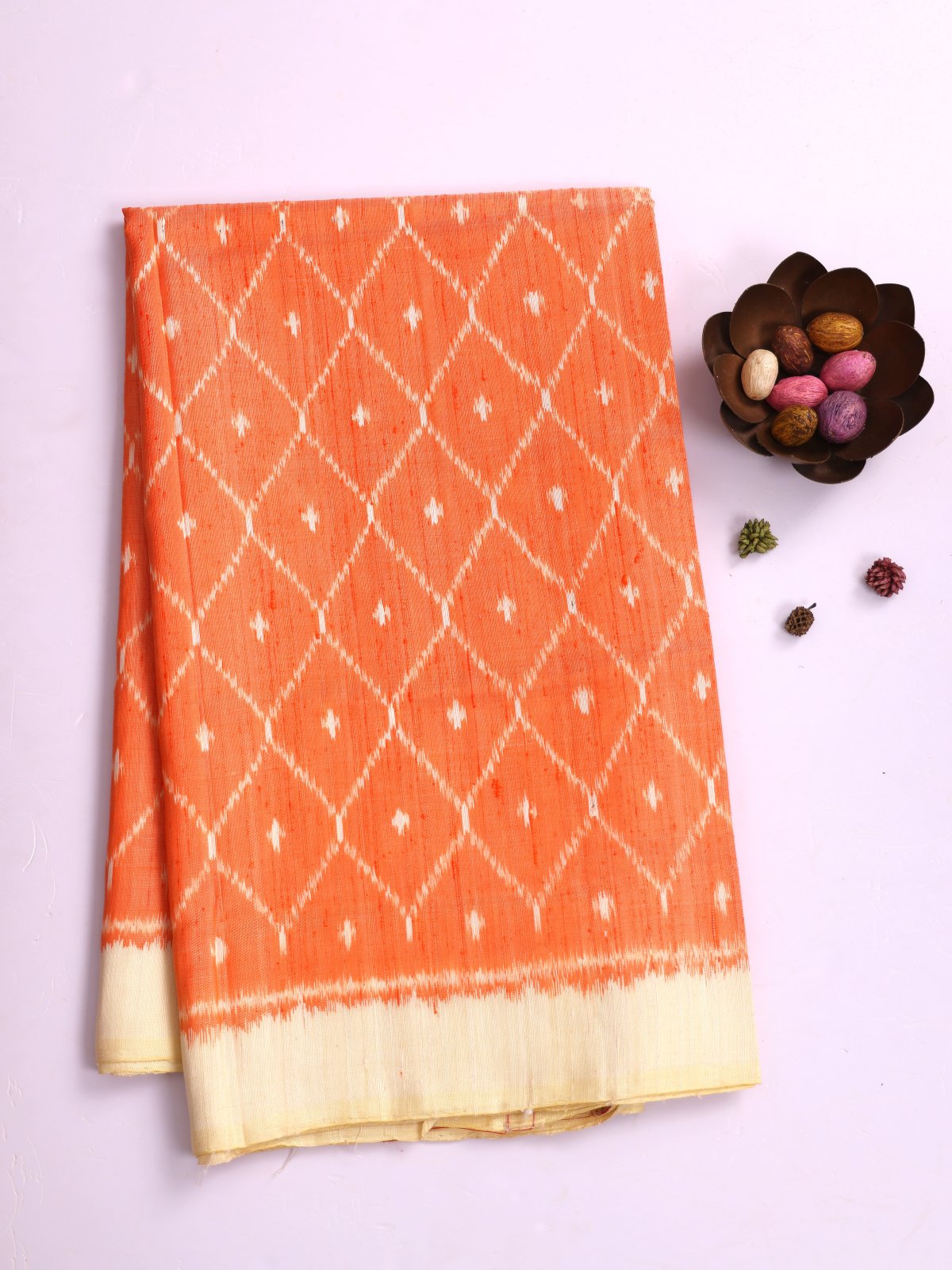 Orange Raw Silk Patola Saree With Cream Border
