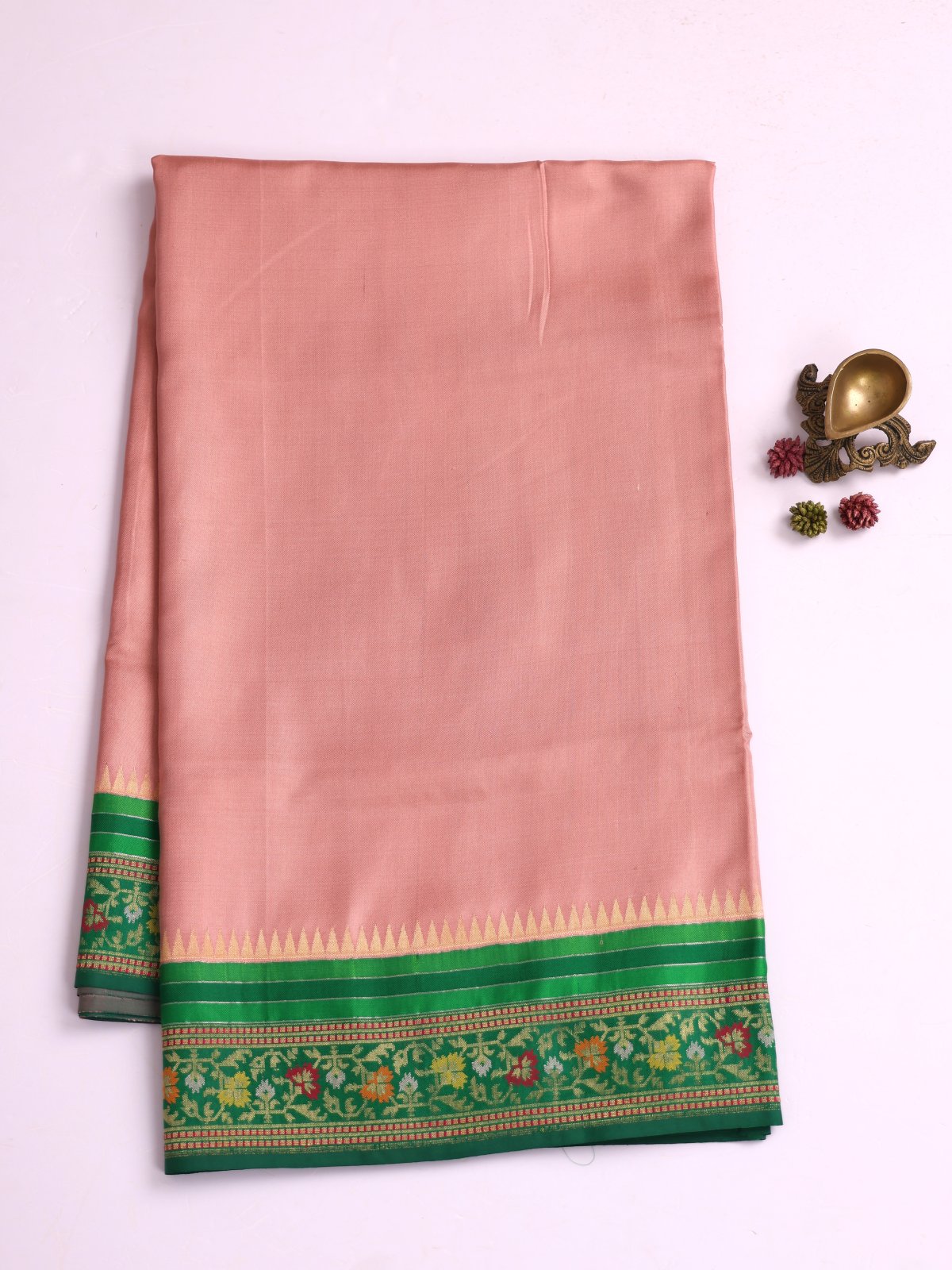 Peachy Pink Banaras Silk Saree With Green Border