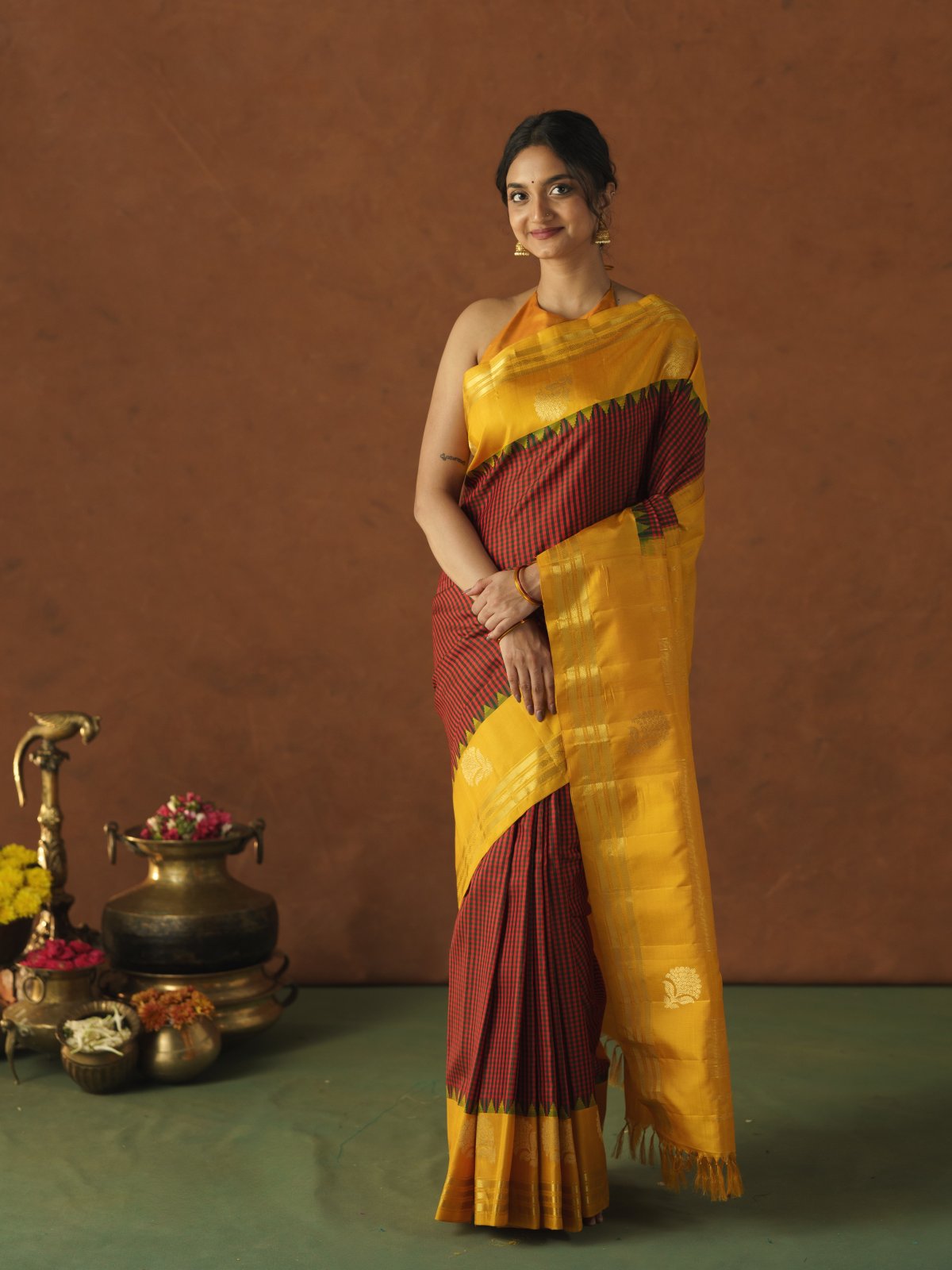 Red And Green Checked Gadwal Silk Saree with Yellow Border