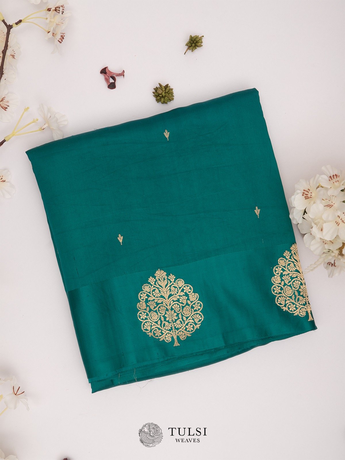 Teal Green Banarasi Silk Saree with Satin border