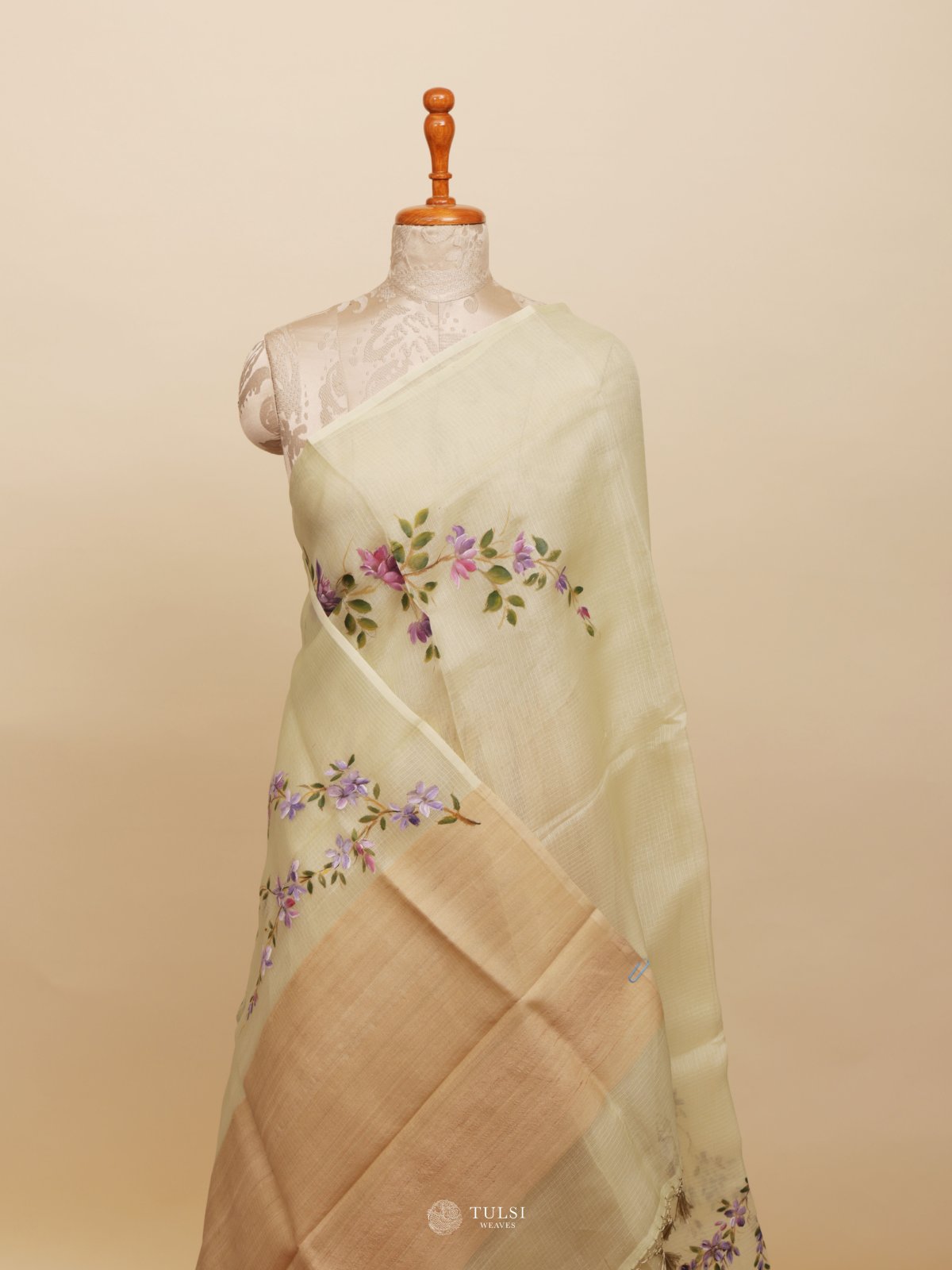 Light Pastel Green Kota Hand Painted Saree