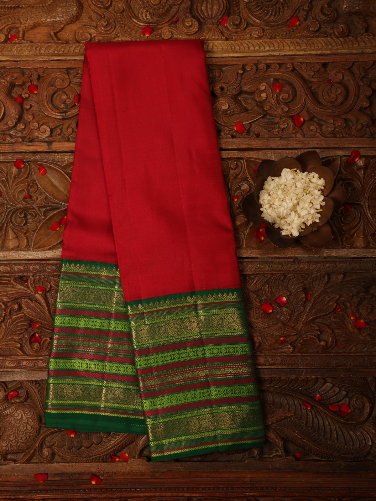 Red Kanjeevaram Silk Saree With Dark Green Zari Border