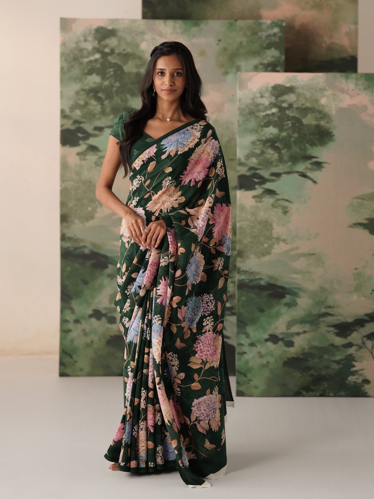 Bottle Green Printed Crepe Silk Saree