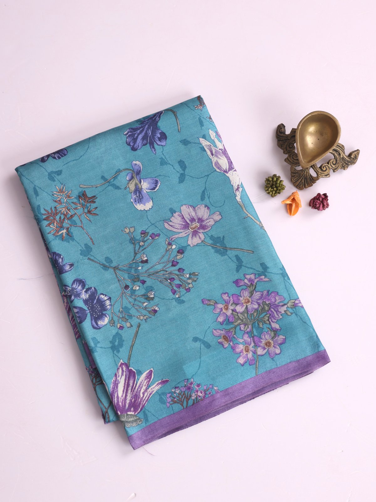 Teal Blue Printed Tussar Silk Saree