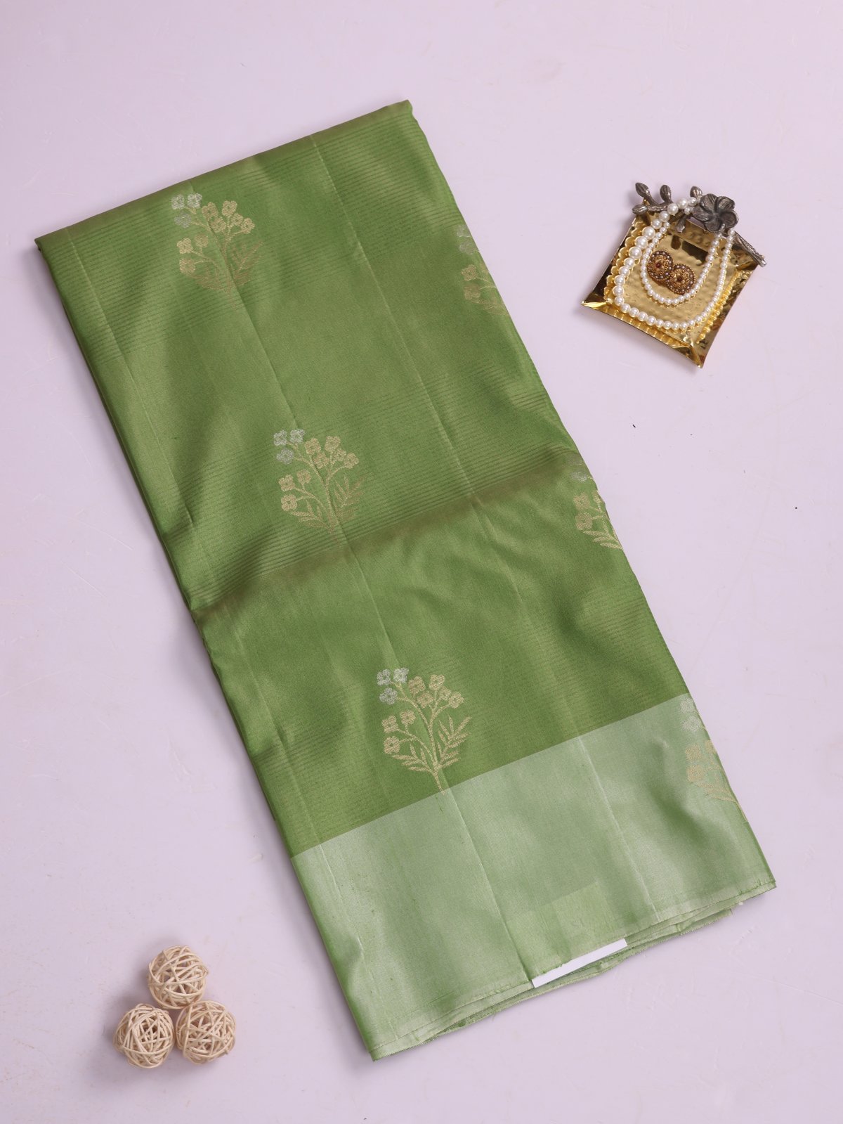 Green Soft Silk Tussar Saree With Pastel Green Border
