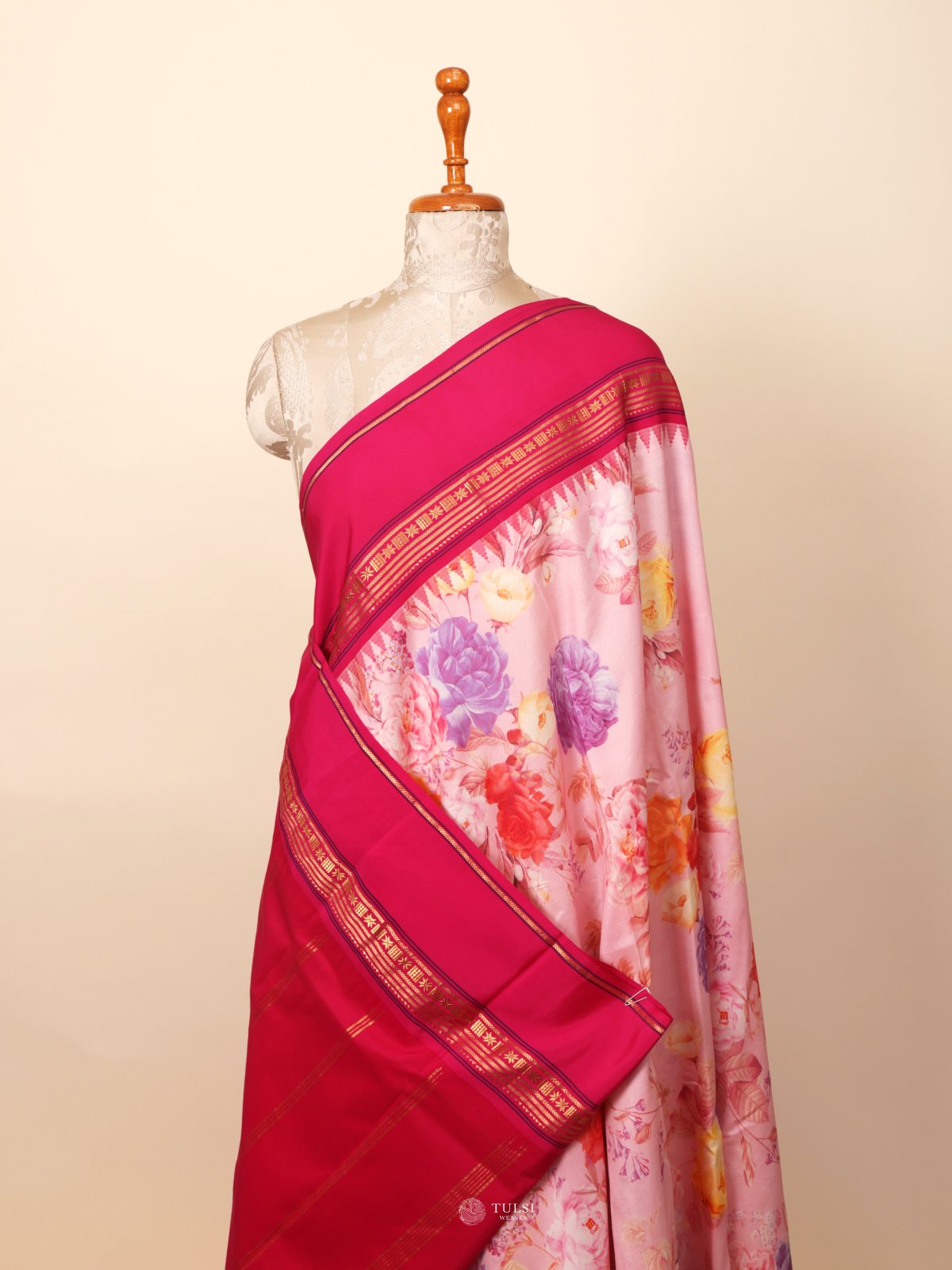 Light Pink Printed Kanjeevaram Silk Saree