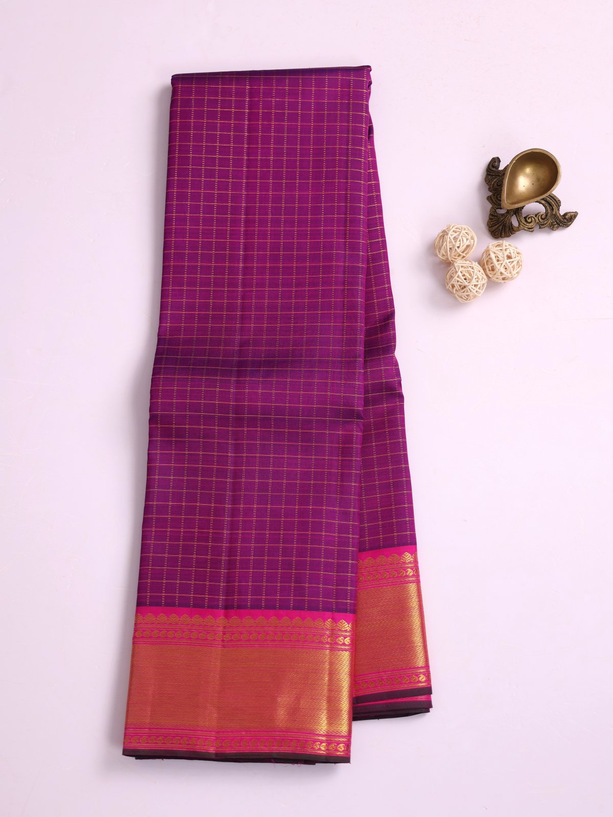 Purple Zari Checked Kanjeevaram Silk Saree With Magenta Zari Border