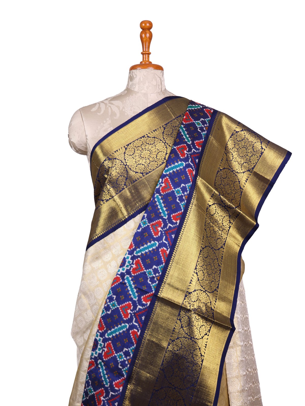 Cream Kanjeevaram Silk Saree With Navy Patan Patola Border