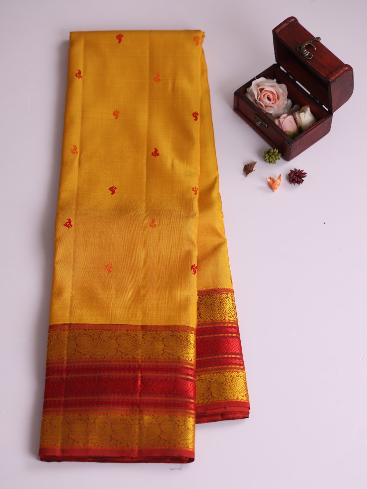 Mustard Yellow Kanjeevaram Pattu Pettu Silk Saree with Rust Border