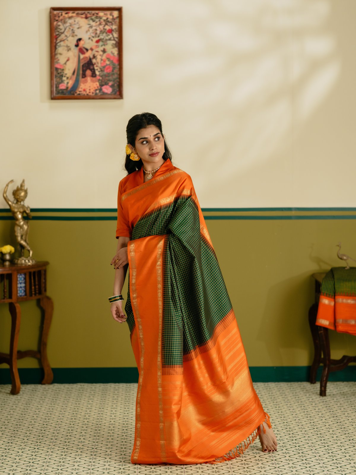 Vintage 56 - Bottle Green Checked Kanjeevaram Silk Saree With Orange Border