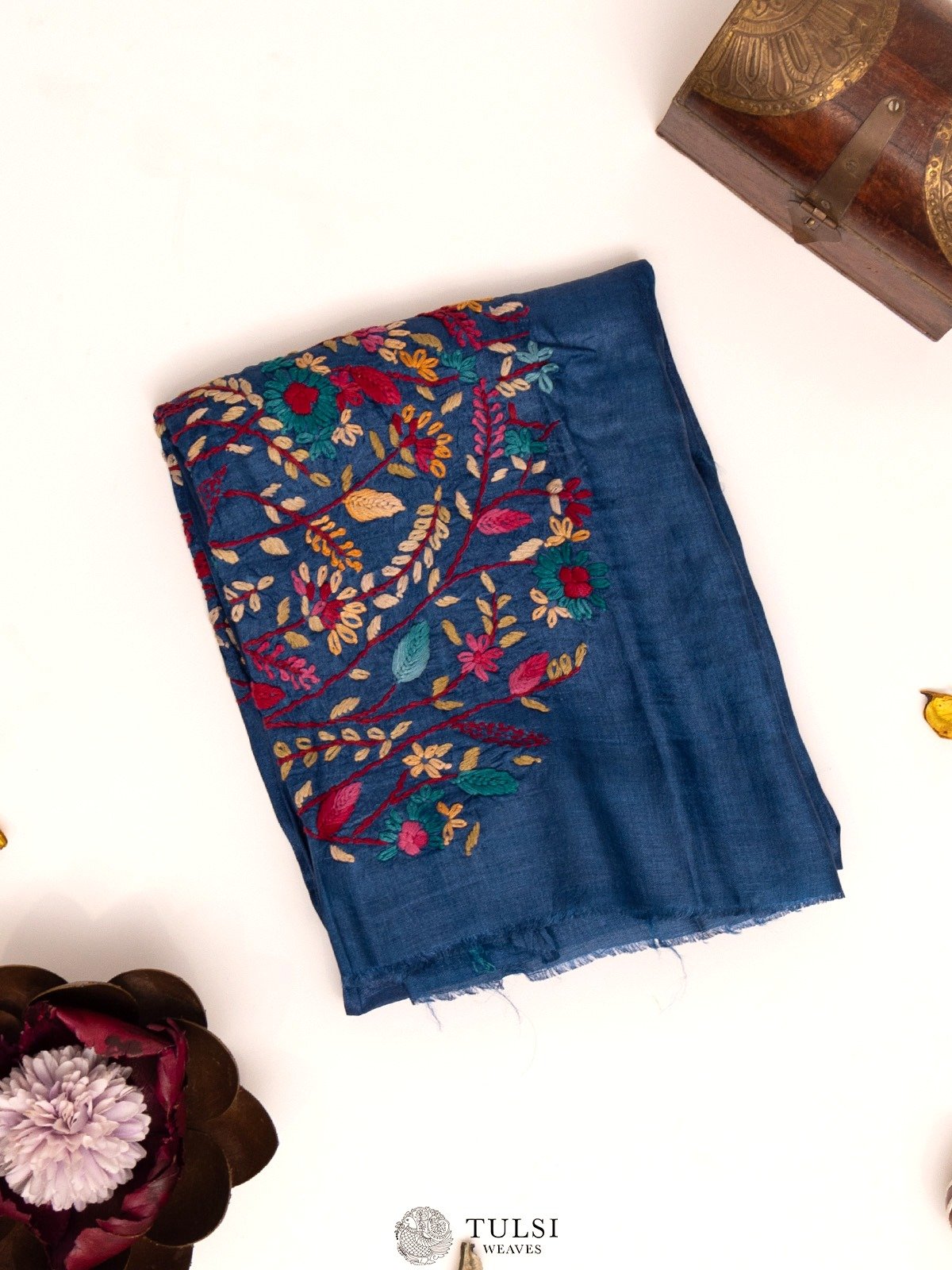 Royal Blue Tussar Blouse With Floral Embroidery