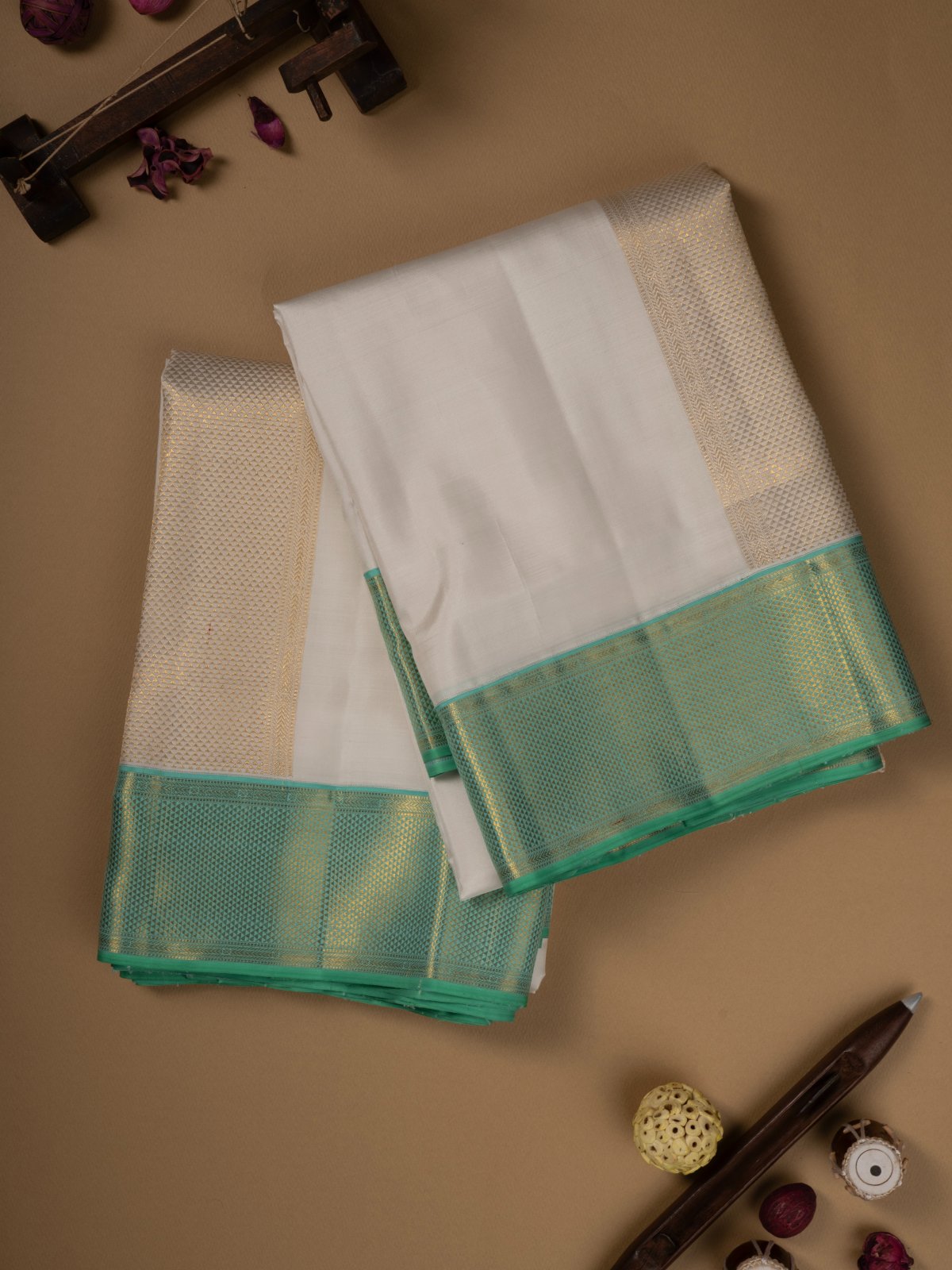 White Silk Dhoti With Light Teal Border